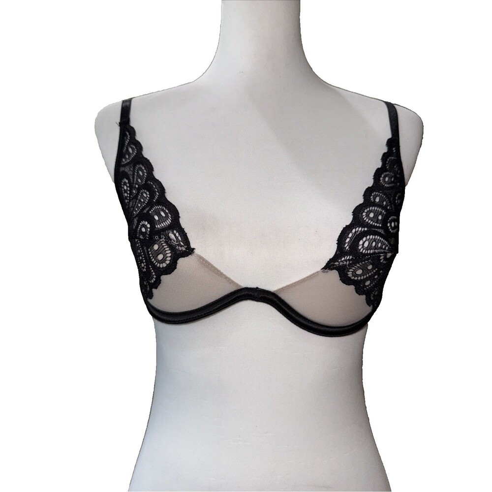 Oh La La Cheri Sheer Lace Mesh Underwire Unlined Bra Black Size S Scalloped